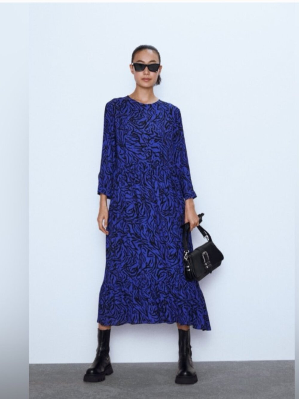 Zara The Polka Blue Animal Zebra Print Midi Dress Women’s size XL 14 16
